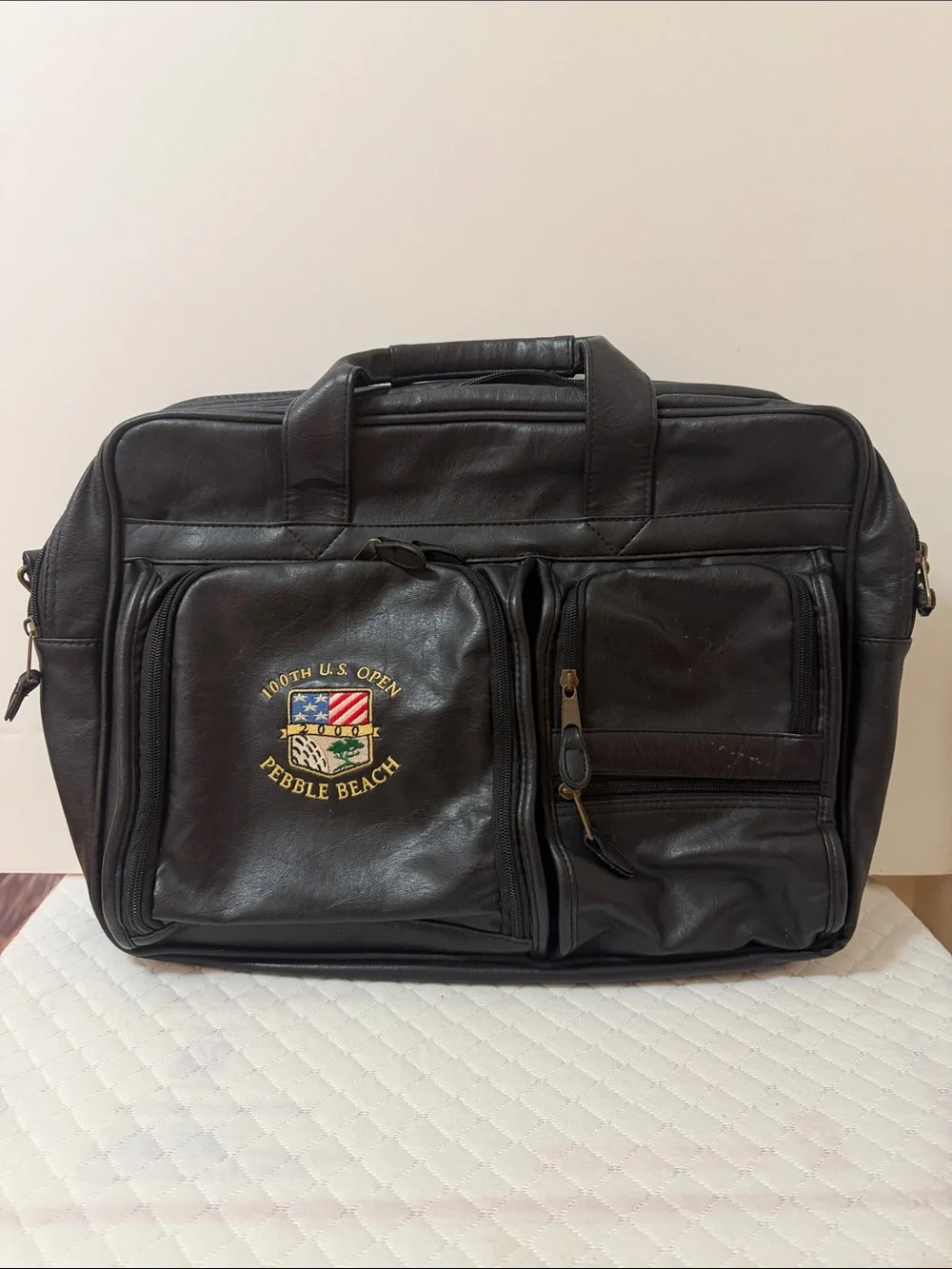 Pebble Beach Black Leather Briefcase with Embroidered U.S. Like New or New.